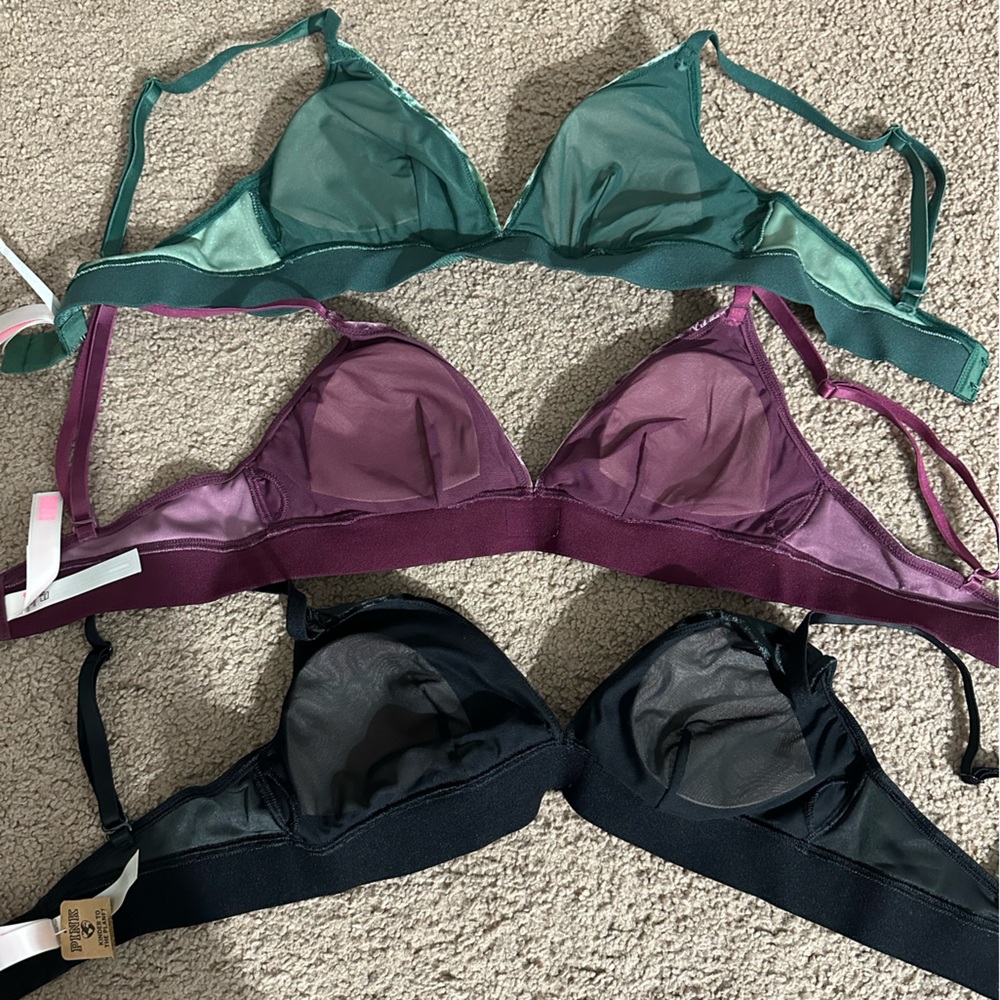 New PINK Victoria's Secret Velvet Bralette Trio -Green, Purple, Black size small - Picture 2 of 3